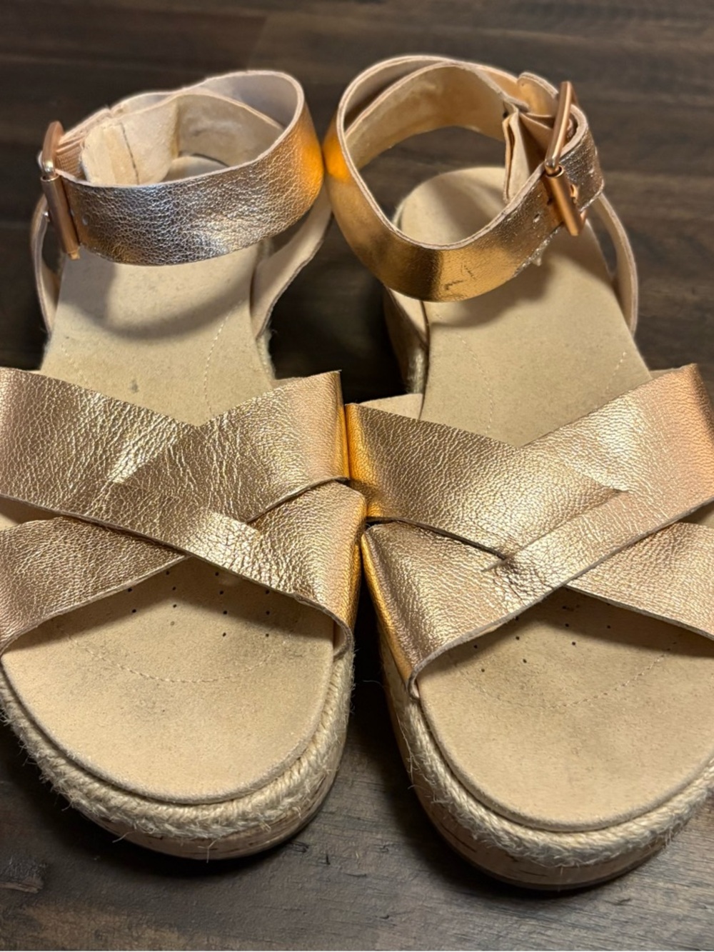 Clarks Rose Gold Metallic Ankle-Strap Espadrille Sandals